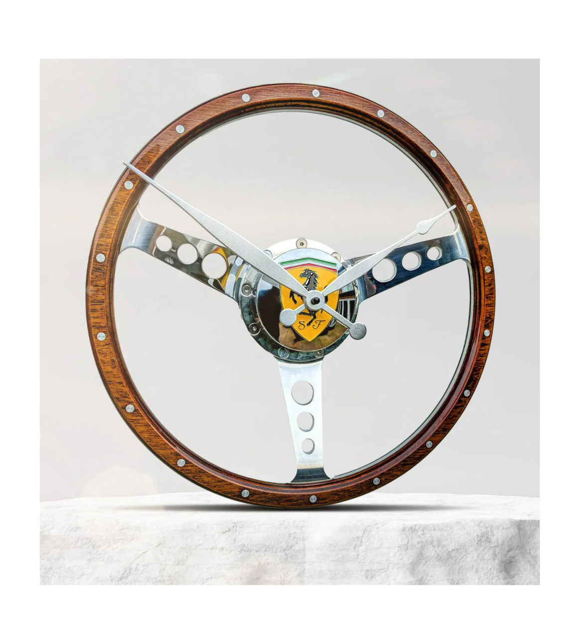 Classic car polished wooden steering wheel clock. Customers choice of car badge.