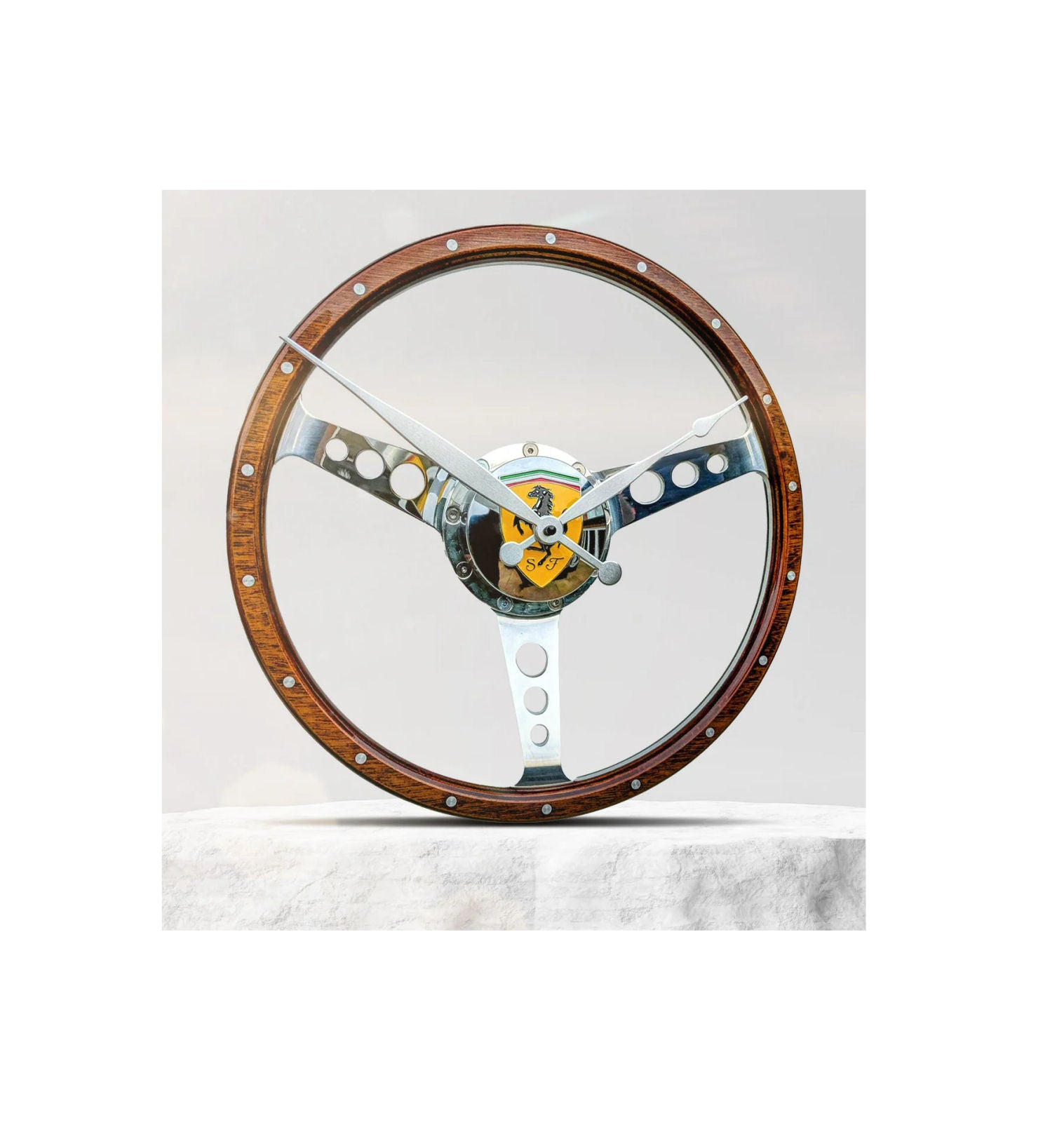 Classic car polished wooden steering wheel clock. Customers choice of car badge.